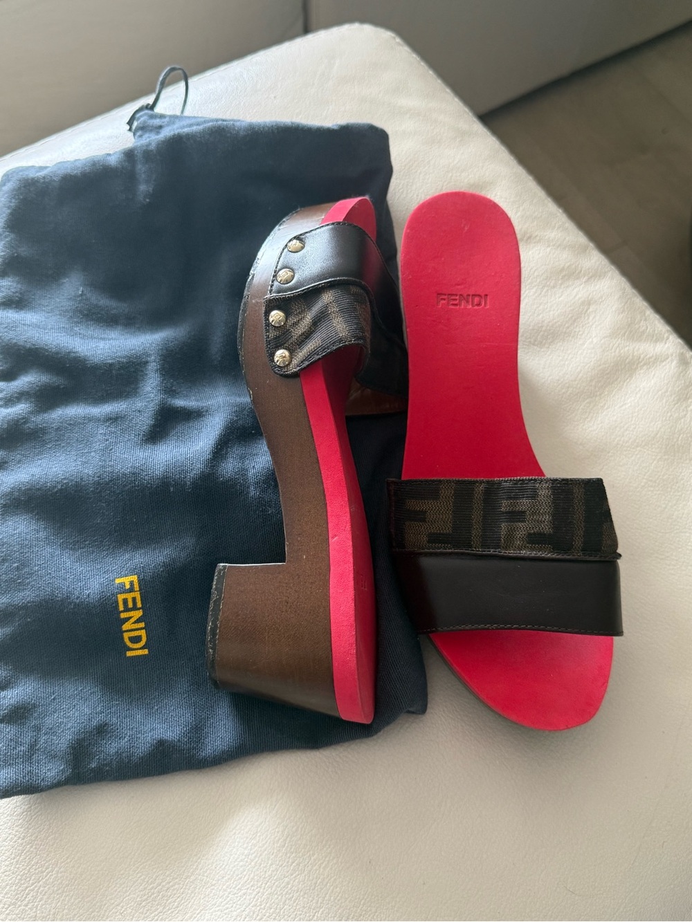 Fendi Brown Monogram Platform Sandals with Red Insoles